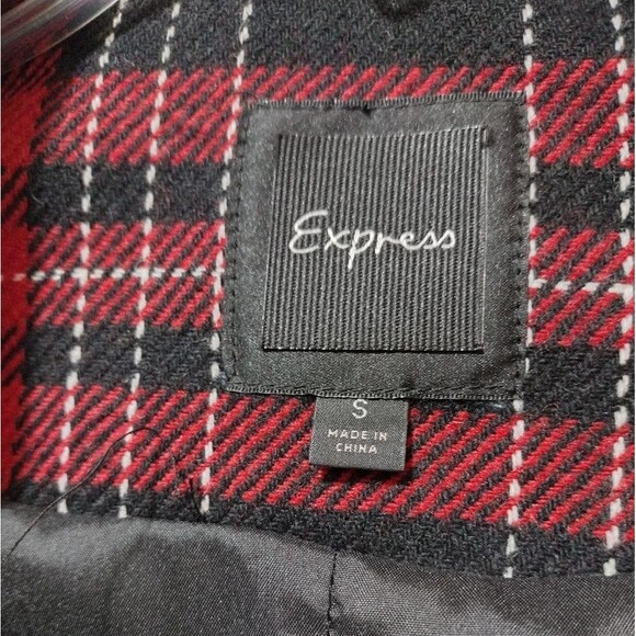 Express Bomber Jacket Red Black Plaid Tartan 2008 Button-Down Stretch SMALL - Picture 8 of 12